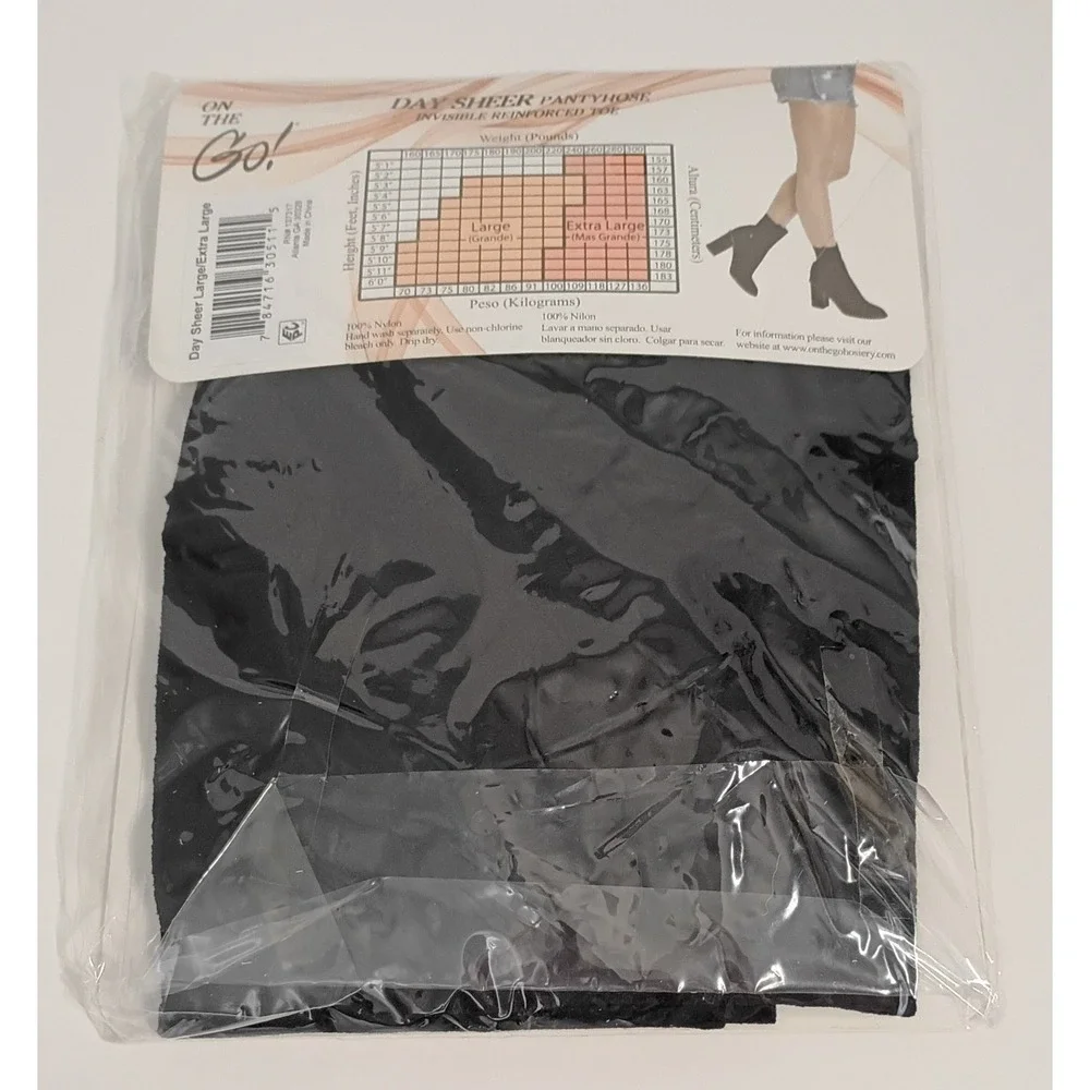 On The Go Day Sheer Pantyhose- Large Jet Black Invisible Reinforced Toe - New